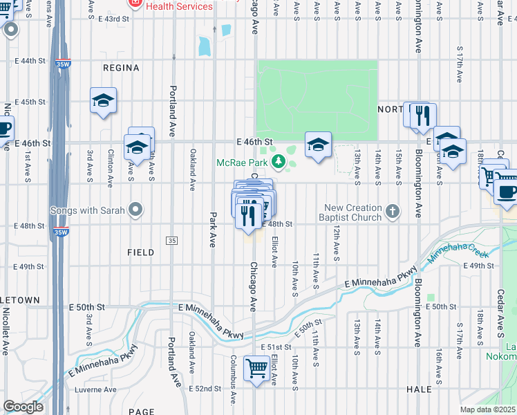 map of restaurants, bars, coffee shops, grocery stores, and more near 4709 Chicago Avenue in Minneapolis