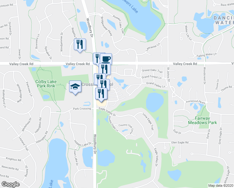 map of restaurants, bars, coffee shops, grocery stores, and more near 2383 Eagle Trace Lane in Woodbury