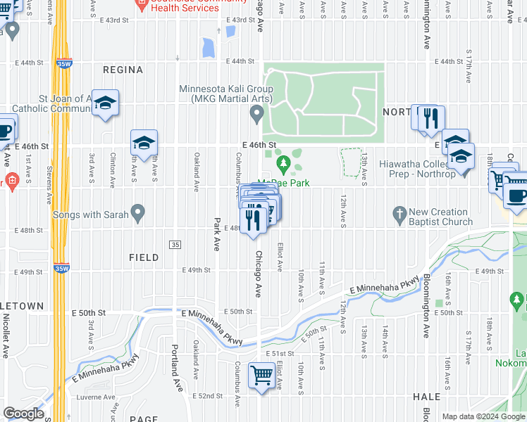 map of restaurants, bars, coffee shops, grocery stores, and more near 4729 Chicago Avenue in Minneapolis