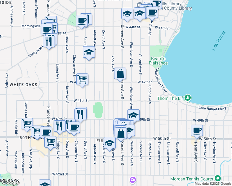 map of restaurants, bars, coffee shops, grocery stores, and more near 4712 Xerxes Avenue South in Minneapolis