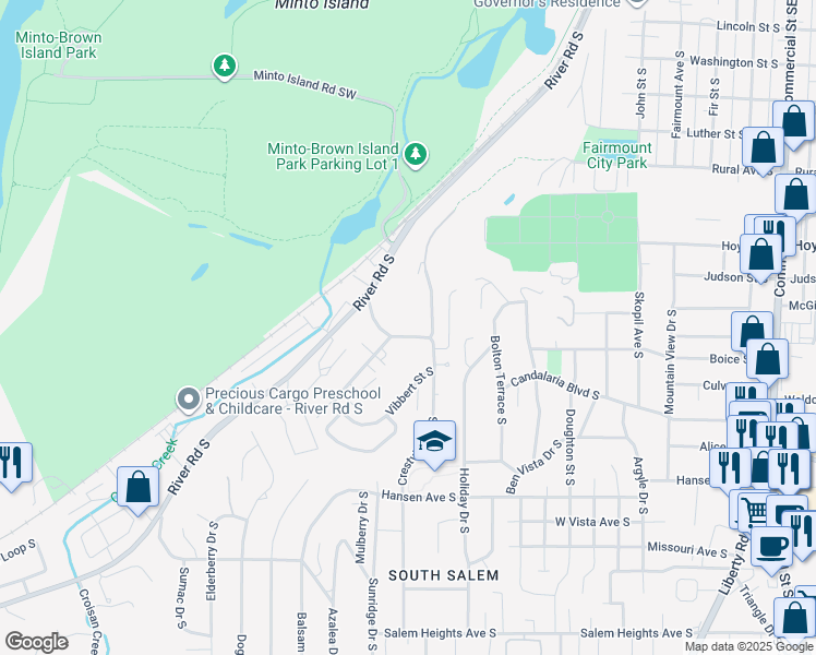 map of restaurants, bars, coffee shops, grocery stores, and more near 1125 Schurman Drive South in Salem