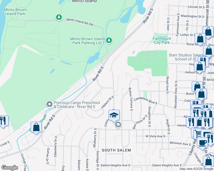 map of restaurants, bars, coffee shops, grocery stores, and more near 1125 Schurman Drive South in Salem