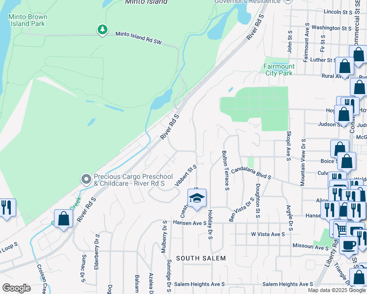 map of restaurants, bars, coffee shops, grocery stores, and more near 1101-1157 Schurman Drive South in Salem