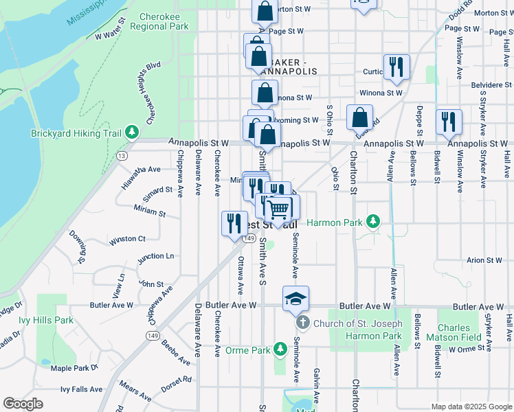 map of restaurants, bars, coffee shops, grocery stores, and more near 953 Smith Avenue South in Saint Paul