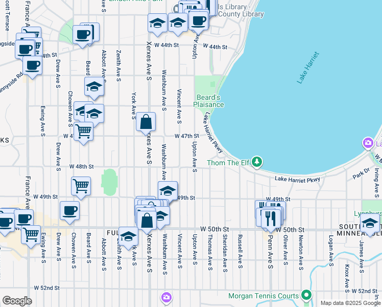 map of restaurants, bars, coffee shops, grocery stores, and more near 4707 Upton Avenue South in Minneapolis