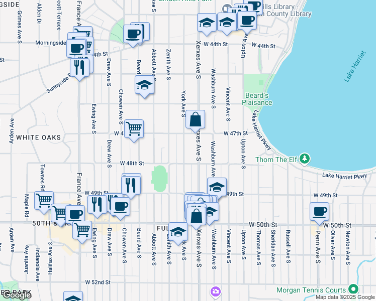 map of restaurants, bars, coffee shops, grocery stores, and more near 4712 Xerxes Avenue South in Minneapolis