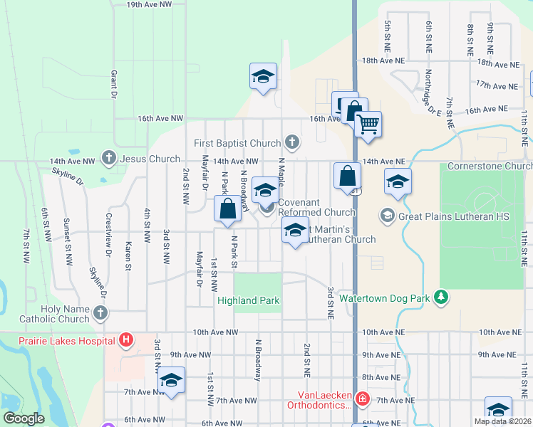 map of restaurants, bars, coffee shops, grocery stores, and more near 1201 North Maple in Watertown