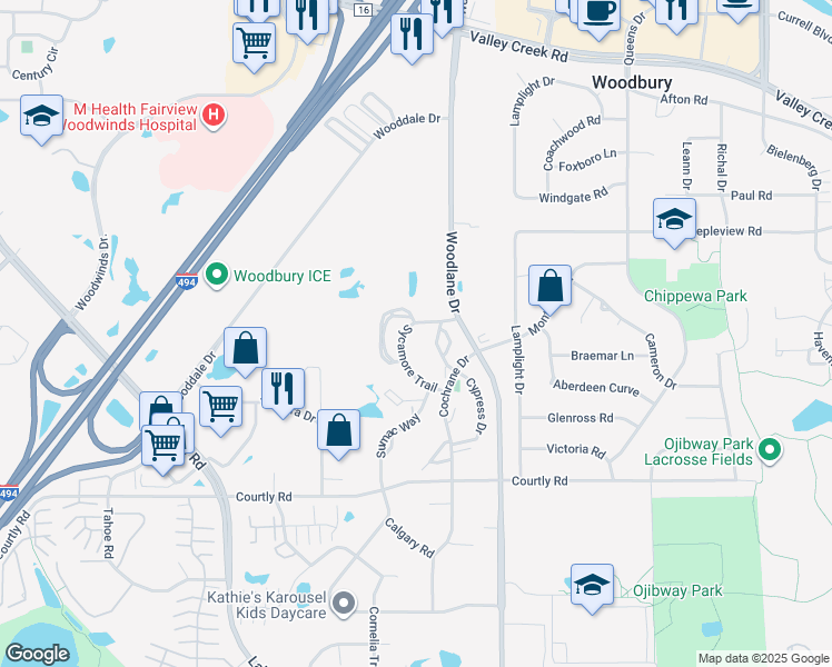 map of restaurants, bars, coffee shops, grocery stores, and more near 2189 Sycamore Trail in Woodbury