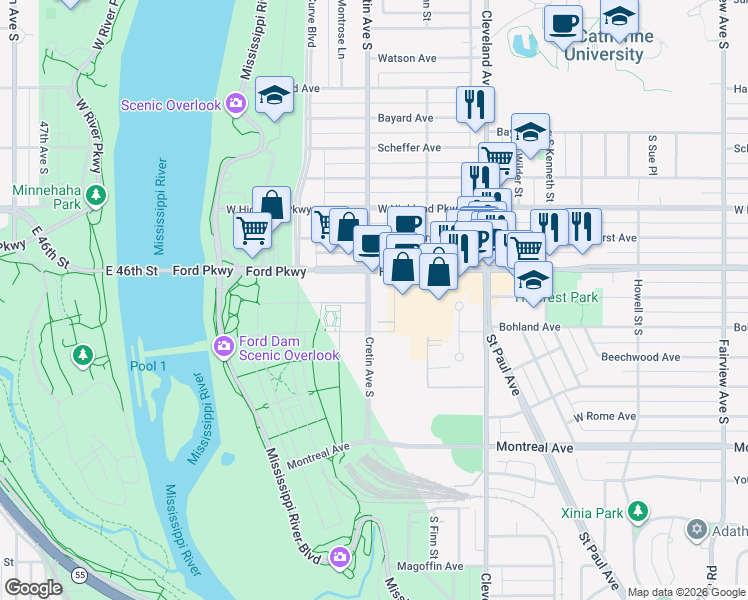map of restaurants, bars, coffee shops, grocery stores, and more near 800 Cretin Avenue South in Saint Paul