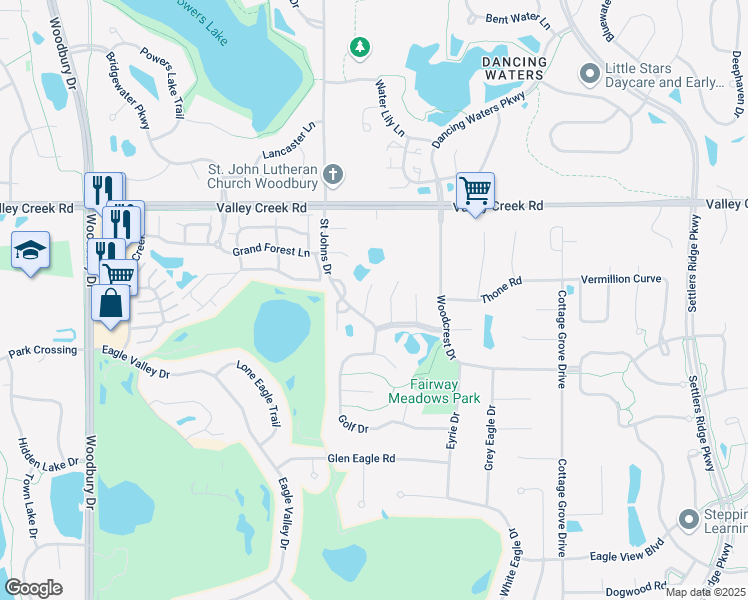 map of restaurants, bars, coffee shops, grocery stores, and more near 10623 Pond Curve in Woodbury