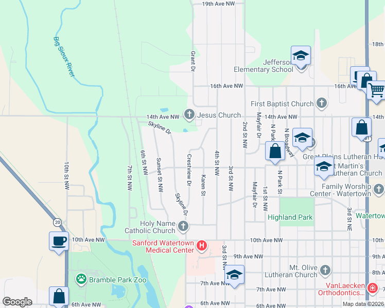 map of restaurants, bars, coffee shops, grocery stores, and more near 1273 Crestview Drive in Watertown