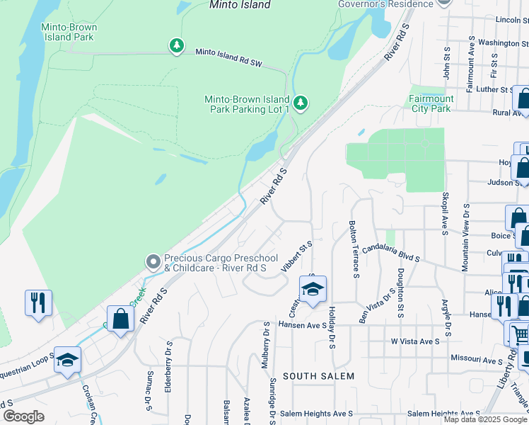 map of restaurants, bars, coffee shops, grocery stores, and more near 2569-2593 River Road South in Salem