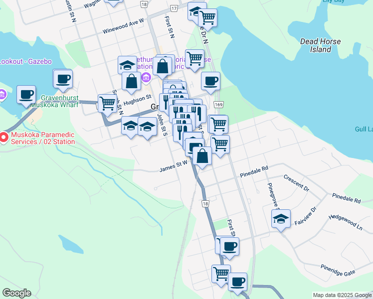 map of restaurants, bars, coffee shops, grocery stores, and more near in Gravenhurst