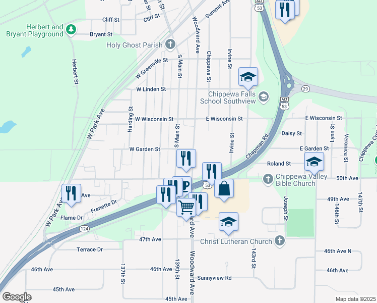 map of restaurants, bars, coffee shops, grocery stores, and more near 742 Woodward Avenue in Chippewa Falls