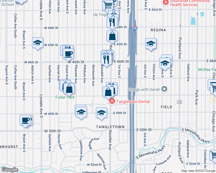 map of restaurants, bars, coffee shops, grocery stores, and more near 4705 Blaisdell Avenue in Minneapolis