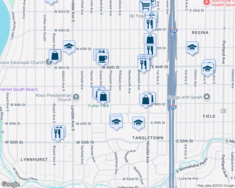 map of restaurants, bars, coffee shops, grocery stores, and more near 4704 Pillsbury Avenue in Minneapolis