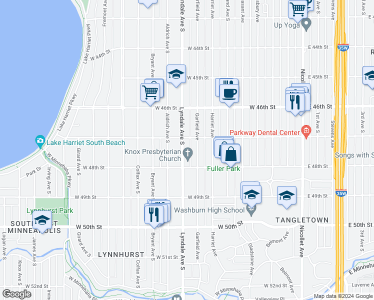 map of restaurants, bars, coffee shops, grocery stores, and more near 4705 Lyndale Avenue South in Minneapolis