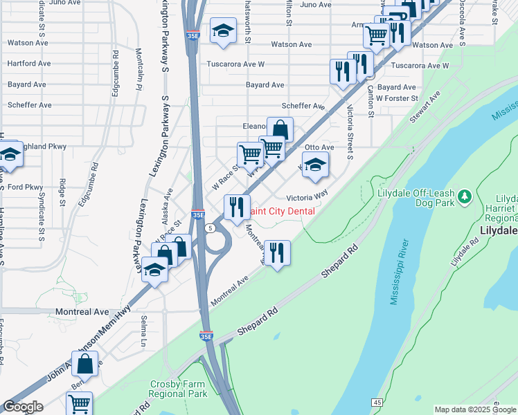 map of restaurants, bars, coffee shops, grocery stores, and more near 1529 Adrian St in St Paul