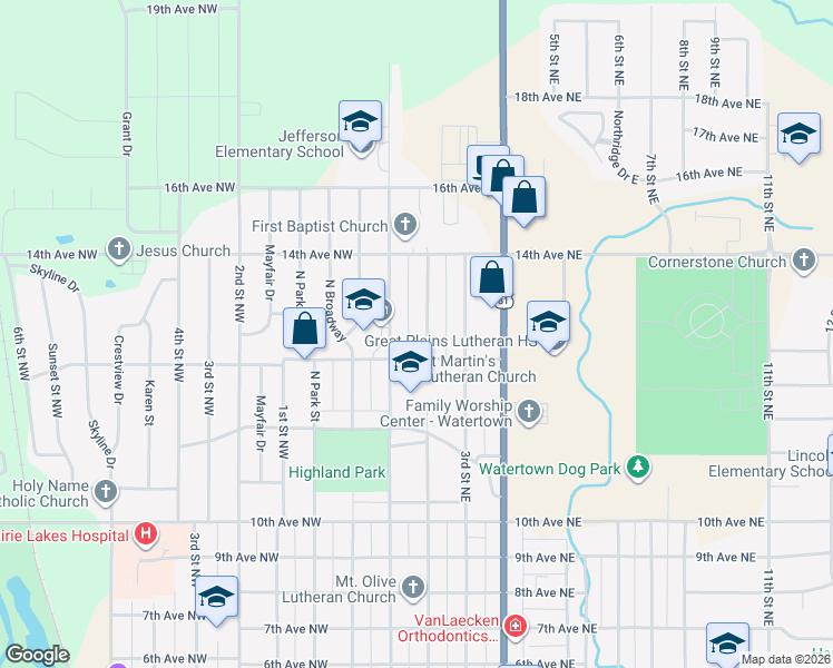 map of restaurants, bars, coffee shops, grocery stores, and more near 1201-1399 2nd Street Northeast in Watertown