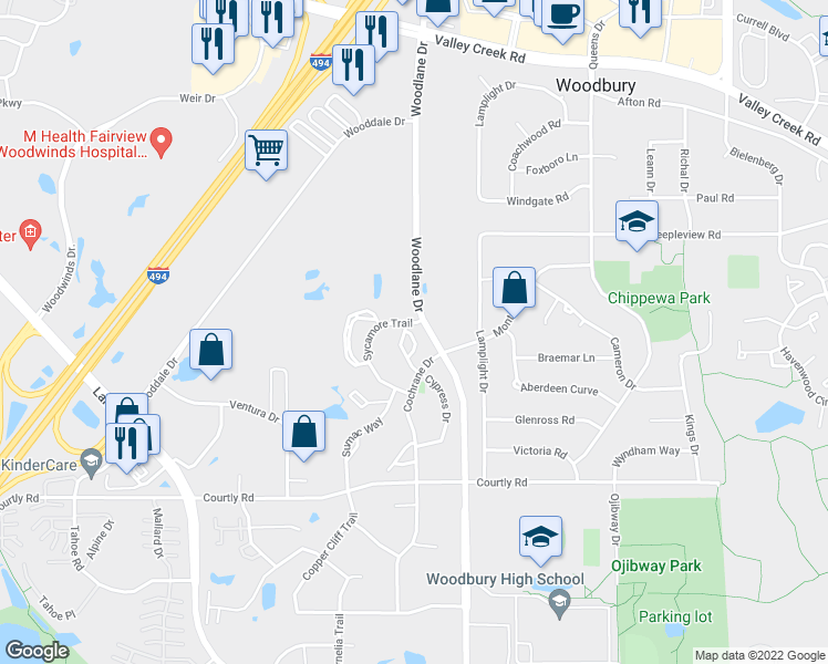map of restaurants, bars, coffee shops, grocery stores, and more near 2197 Cypress Drive in Woodbury