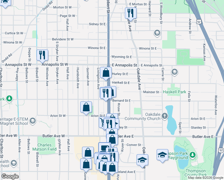 map of restaurants, bars, coffee shops, grocery stores, and more near 966 South Robert Street in Saint Paul
