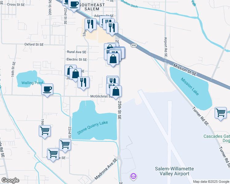 map of restaurants, bars, coffee shops, grocery stores, and more near 2315 25th Street Southeast in Salem