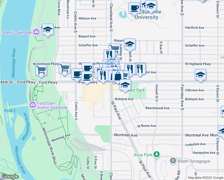 map of restaurants, bars, coffee shops, grocery stores, and more near 2180 Hillcrest Avenue in Saint Paul