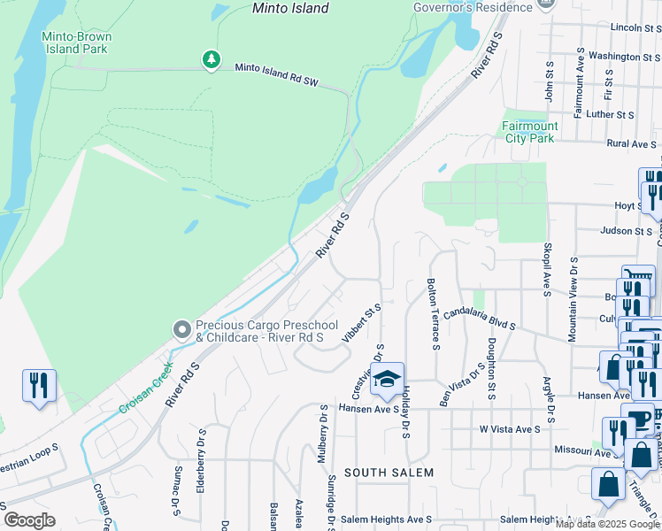 map of restaurants, bars, coffee shops, grocery stores, and more near 2569-2593 River Road South in Salem