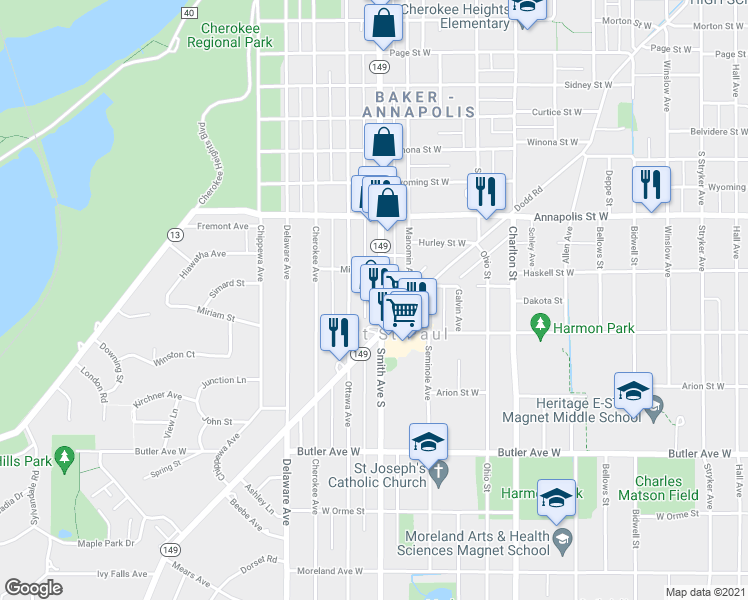 map of restaurants, bars, coffee shops, grocery stores, and more near 953 Smith Avenue South in Saint Paul