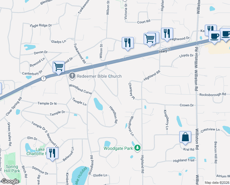 map of restaurants, bars, coffee shops, grocery stores, and more near 4719 Fairhills Road West in Minnetonka