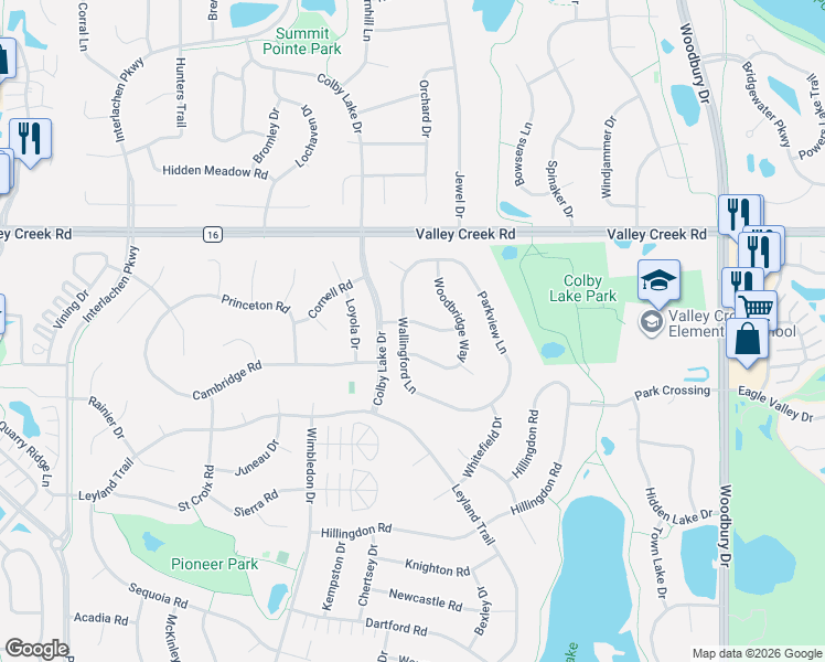 map of restaurants, bars, coffee shops, grocery stores, and more near 2134 Wallingford Lane in Woodbury