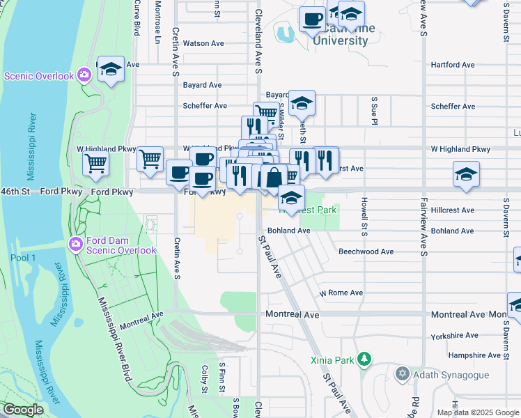 map of restaurants, bars, coffee shops, grocery stores, and more near 2180 Hillcrest Avenue in Saint Paul