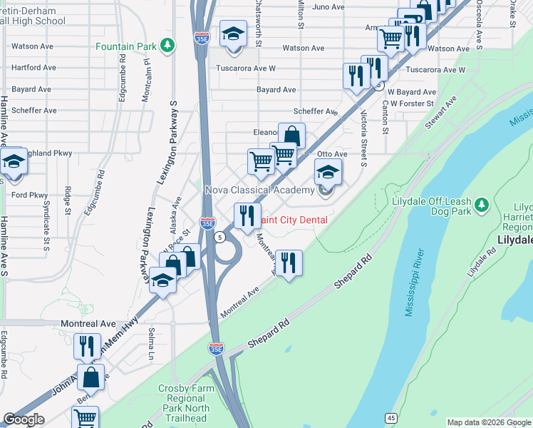 map of restaurants, bars, coffee shops, grocery stores, and more near 1529 Adrian Street in Saint Paul