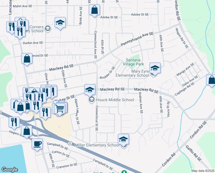 map of restaurants, bars, coffee shops, grocery stores, and more near 4552 Chippewa Court Southeast in Salem