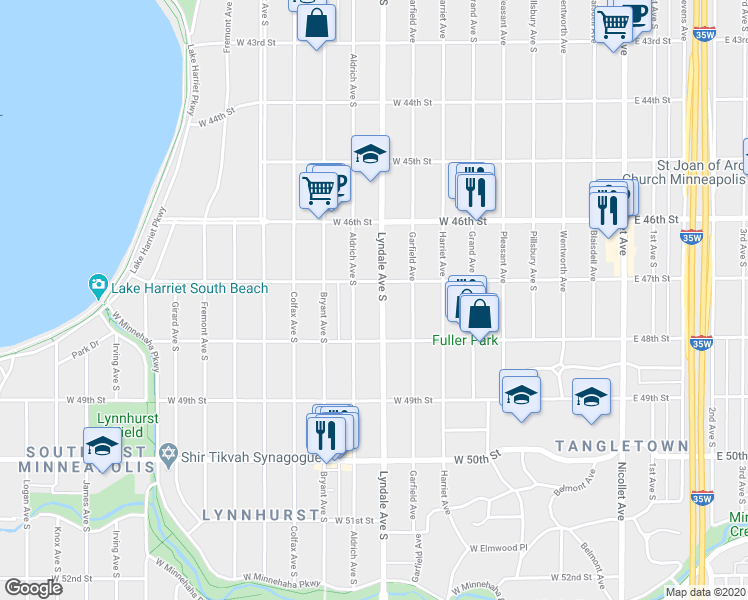 map of restaurants, bars, coffee shops, grocery stores, and more near 4716 Lyndale Avenue South in Minneapolis