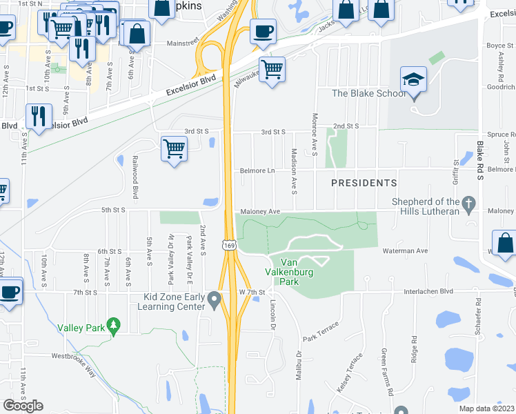 map of restaurants, bars, coffee shops, grocery stores, and more near 425 Adams Avenue in Hopkins