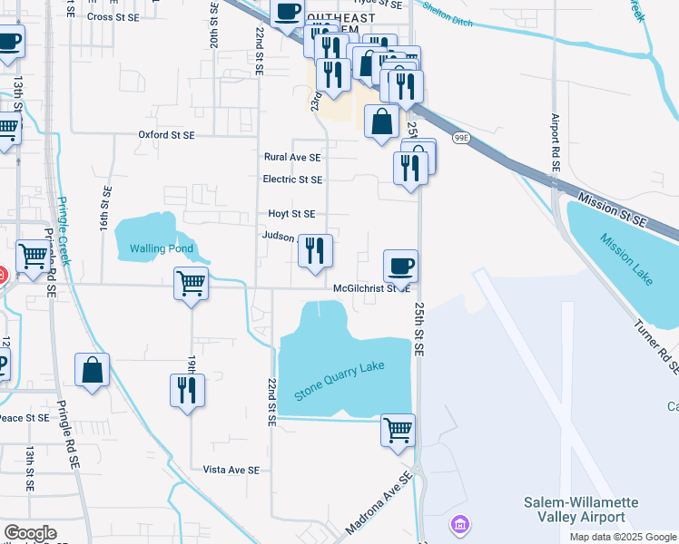 map of restaurants, bars, coffee shops, grocery stores, and more near 2375 McGilchrist Street Southeast in Salem