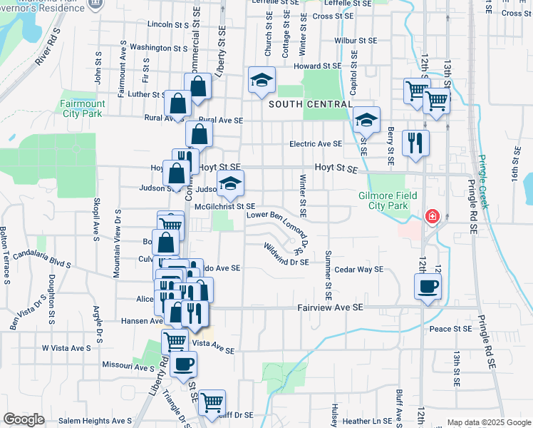 map of restaurants, bars, coffee shops, grocery stores, and more near 565 Lower Ben Lomond Drive Southeast in Salem