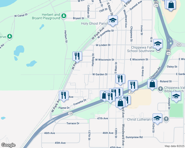 map of restaurants, bars, coffee shops, grocery stores, and more near 744 Wilson Street in Chippewa Falls