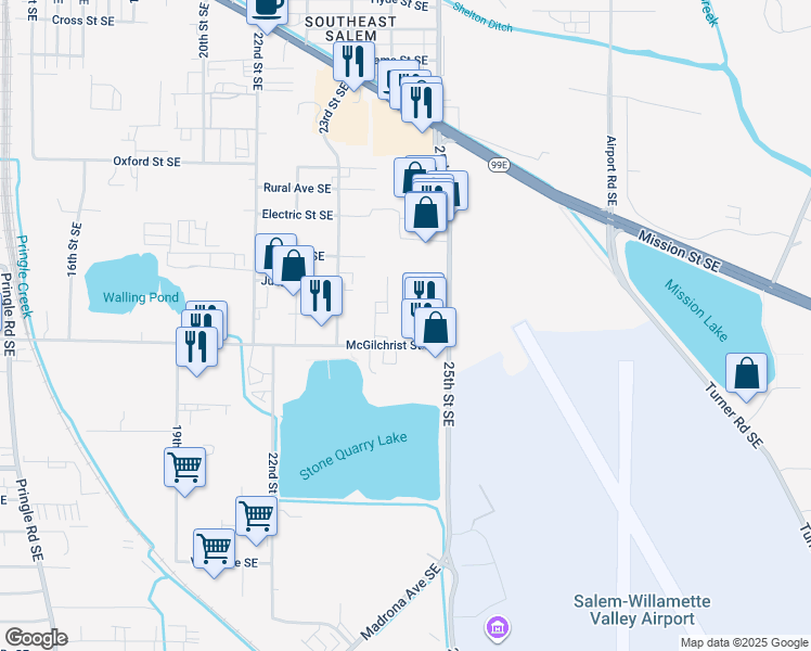 map of restaurants, bars, coffee shops, grocery stores, and more near 2443-2455 McGilchrist Street Southeast in Salem