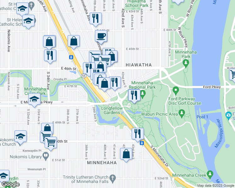 map of restaurants, bars, coffee shops, grocery stores, and more near 4108 Nawadaha Boulevard in Minneapolis