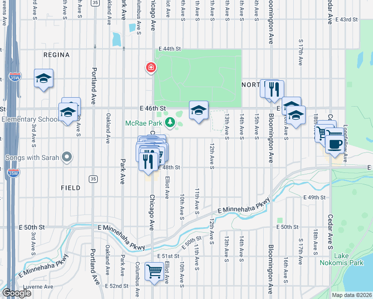 map of restaurants, bars, coffee shops, grocery stores, and more near 4705 10th Avenue South in Minneapolis