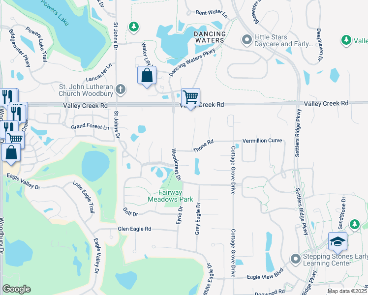 map of restaurants, bars, coffee shops, grocery stores, and more near 10784 Thone Road in Woodbury