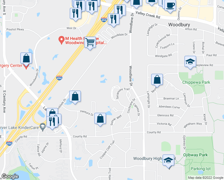 map of restaurants, bars, coffee shops, grocery stores, and more near 2191 Hemlock Boulevard in Woodbury