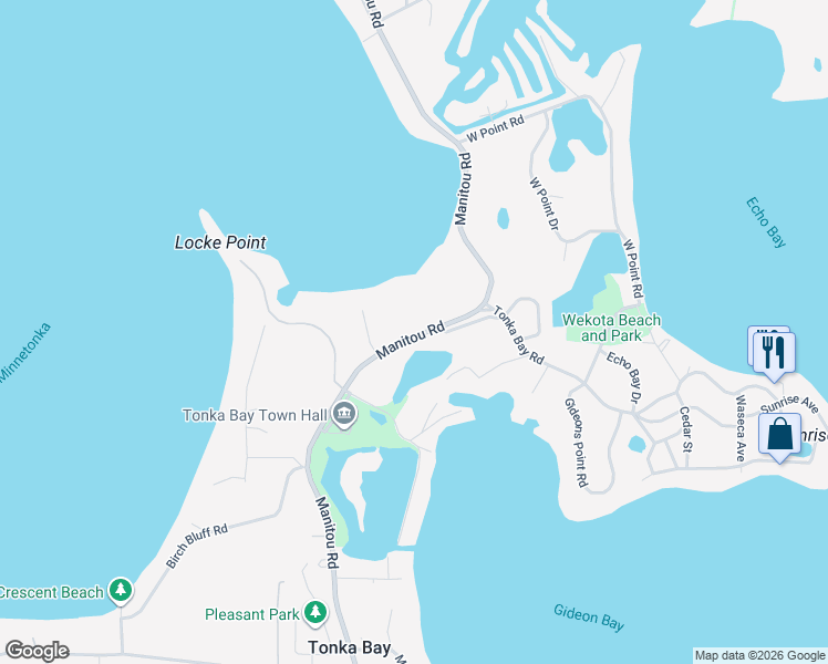 map of restaurants, bars, coffee shops, grocery stores, and more near 4766 Manitou Road in Excelsior