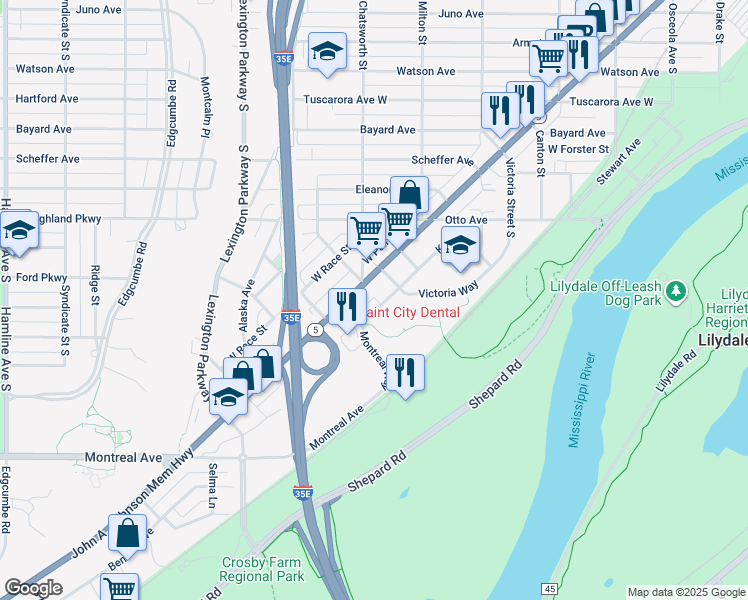 map of restaurants, bars, coffee shops, grocery stores, and more near 1529 Adrian St in St Paul