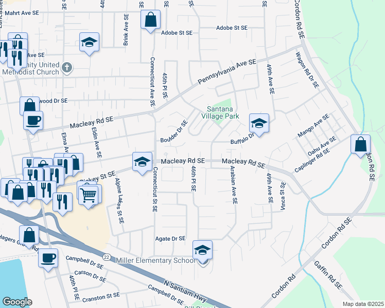 map of restaurants, bars, coffee shops, grocery stores, and more near 1044 Venus Court Southeast in Salem