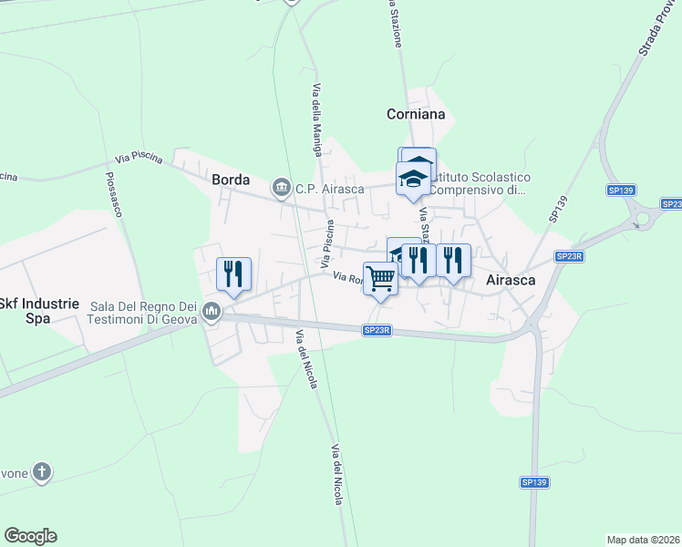 map of restaurants, bars, coffee shops, grocery stores, and more near 166 Via Roma in Airasca