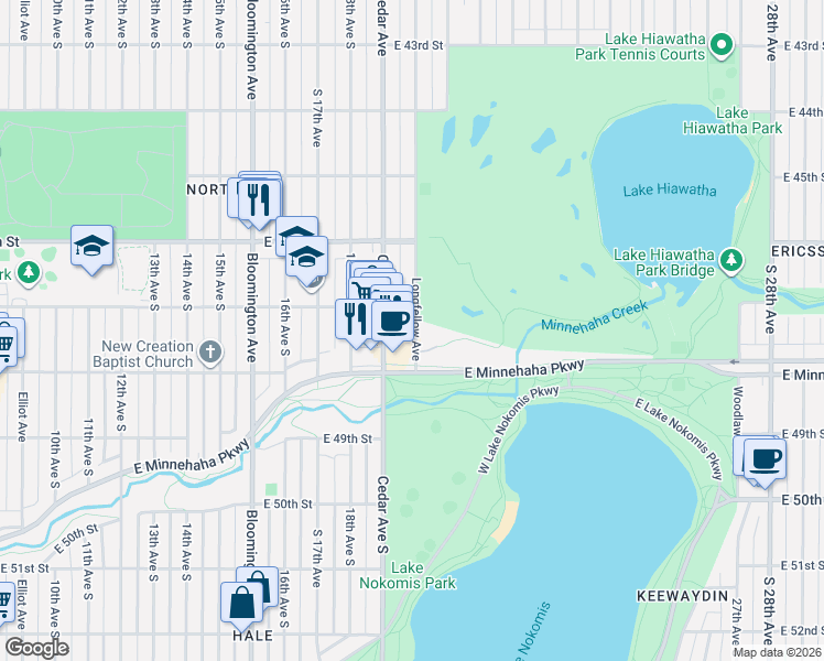 map of restaurants, bars, coffee shops, grocery stores, and more near 4720 Longfellow Avenue in Minneapolis