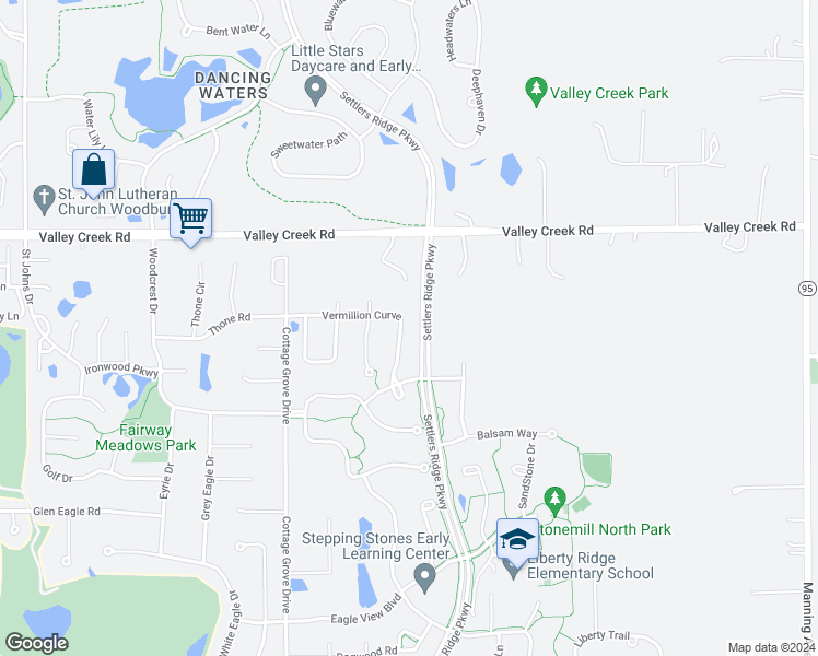 map of restaurants, bars, coffee shops, grocery stores, and more near 2261 Vermillion Curve in Woodbury